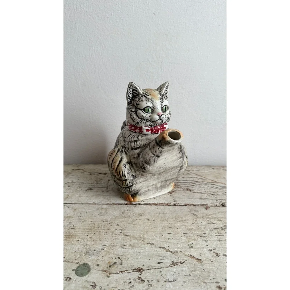Vintage Japanese Hand Painted Ceramic Cat Teapot Grey Tabby Red Collar